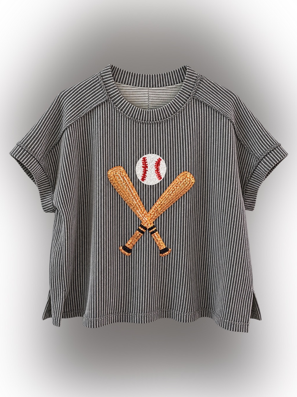Womans' Grey Striped Baseball Sequin Tee